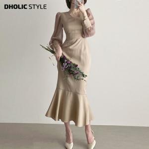 ワンピース ロングワンピース ロング丈 マーメイド Vネック 長袖 パフスリーブ ボリューム袖 シフォンスリーブ 結婚式 同窓会 パーティー 大人 春 秋 夏