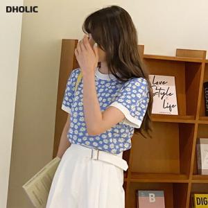 トップス ニット 半袖 花柄 フラワー パターン ラウンドネック 配色 パフスリーブ パフ スリム 細身 体型カバー フェミニン ベーシック