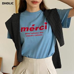 Tシャツ トップス 半袖 ロゴ ロゴT レタリング 柄 ラフ フランス語 merci ブラック ブルー ホワイト ライトブラウン