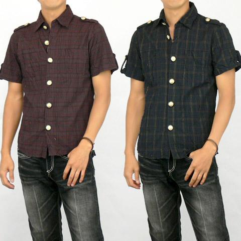 SPINASH スクエアチェック＆ゴールドステッチクリンクル加工半袖シャツ