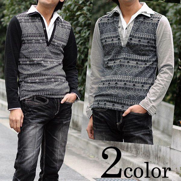 Spinash ドクロ柄２重襟長袖カットソー