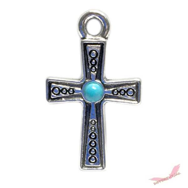 十字架  ワンポイント フェイクターコイズ 埋め込み ヴィンテージ風 チャーム