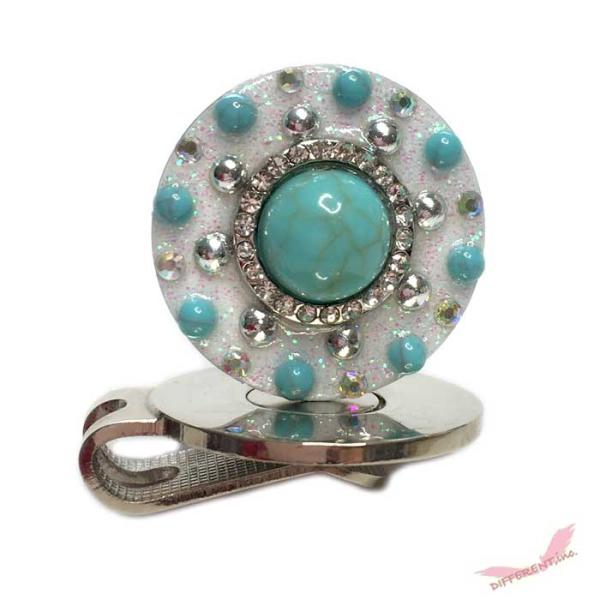 素敵なデザインを目指して フェイク 半貴石ターコイズ ラインストーン ゴルフマーカー クリップ付