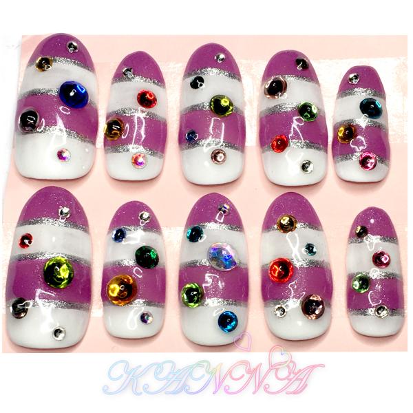 ジェルネイル！パープル×ホワイトストレイプ ネイルチップ by Kanna