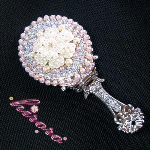 デコ手鏡 スタンド形 フラワーパーツ パール スワロ クリスタル メタル蝶 no.27