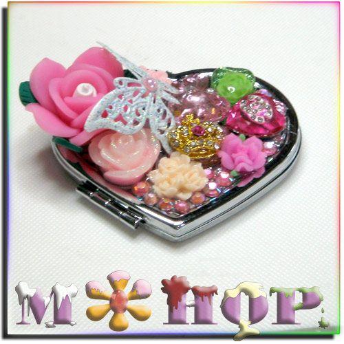 姫デコ ピンクローズ ハート型ミラー手作りデコ by M＊HOP