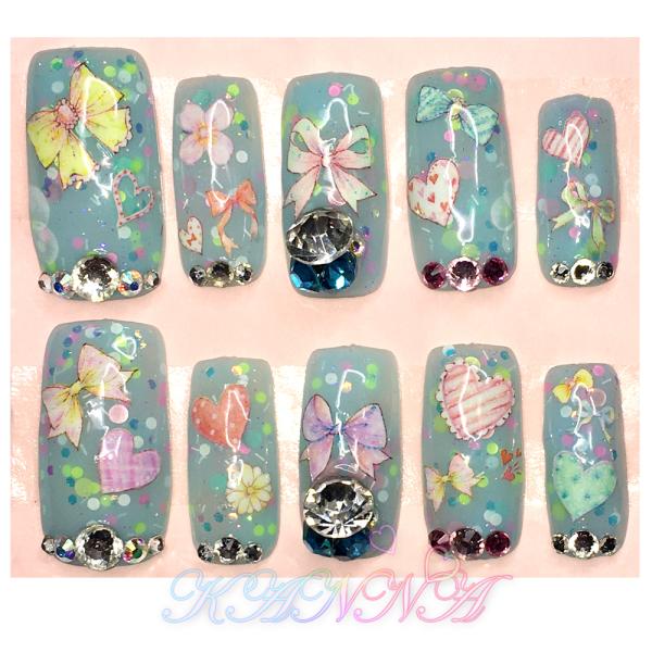 甘ロリ必見！リボンとハートのモンスターブルー ネイルチップ by Kanna