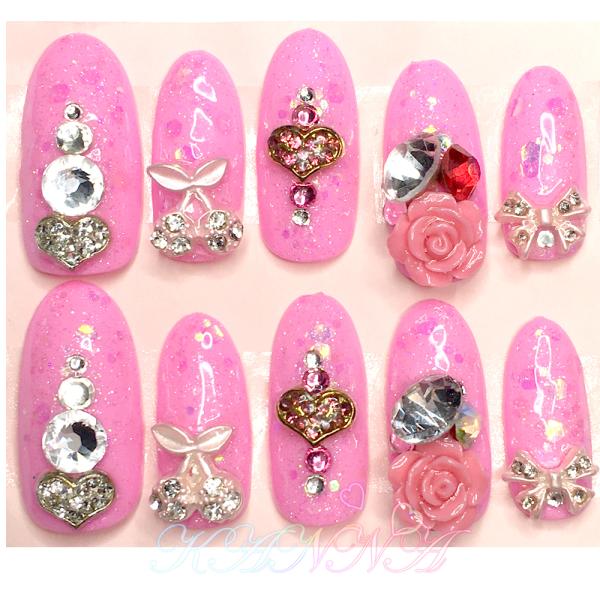 ラブリーピンクの姫盛りデコネイル メルヘンビジュー ネイルチップ by Kanna
