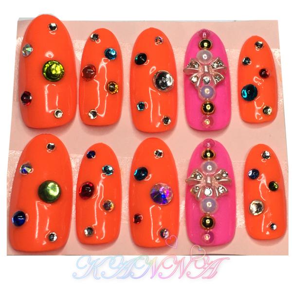 ジェルネイル！オレンジとピンクのストーンネイル ネイルチップ by Kanna