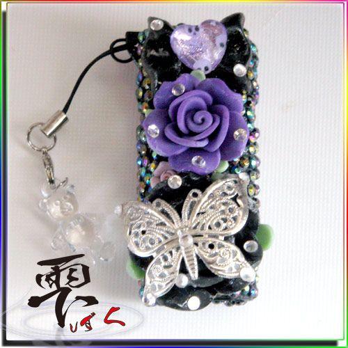 姫系 スワロ使用 ブラックセクシー ライターケース チャーム付 全デコ by-雫