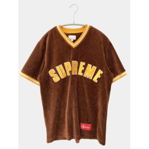 Supreme シュプリーム Tシャツ/カットソー S ブラウン 前面プリント ブランドロゴ ライン柄 ミドル丈 半袖 Vネック メンズ