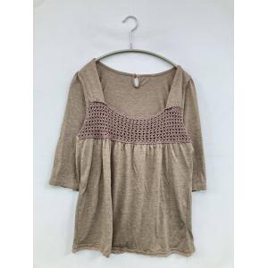 pink adobe ピンクアドベ Tシャツ/カットソー M ブラウン 無地 レース ミドル丈 半端袖 スクエアネック Uネック レディース