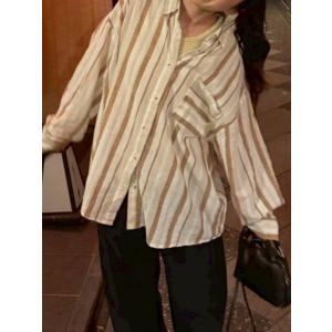 STYLE NANDA スタイルナンダ シャツ/ブラウス F ベージュ レギュラーカラー 長袖 ボーダー柄 ストライプ柄 コットン レディース