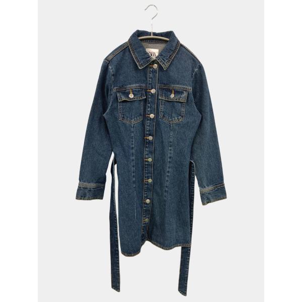 ZARA ザラ シャツワンピース XS ネイビー デニム コットン 無地 長袖 ひざ丈 レディース