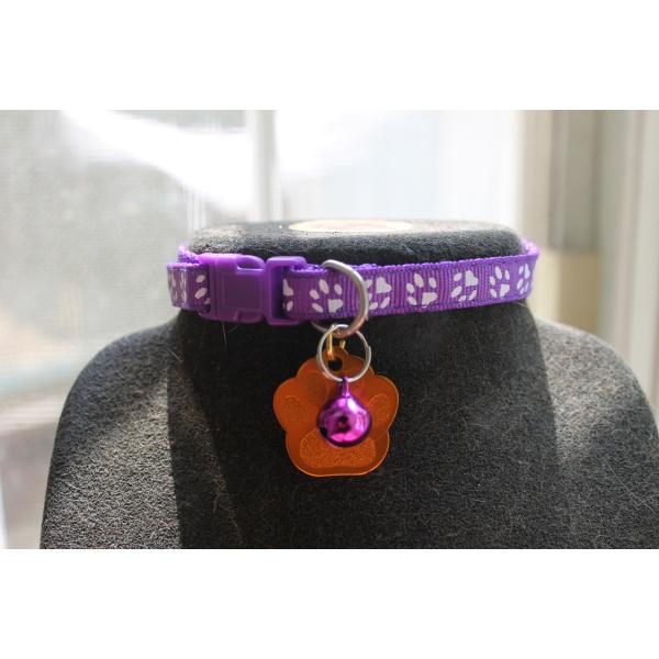 ■犬 猫  首輪；肉球模様『パープル』+迷子札[名入れ料込み]