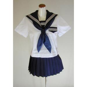 夏紺セーラー服 上下セット (半袖 学校制服 カフスなし 学販 スクール オリジナル スカーフ付、スカート丈40cm)