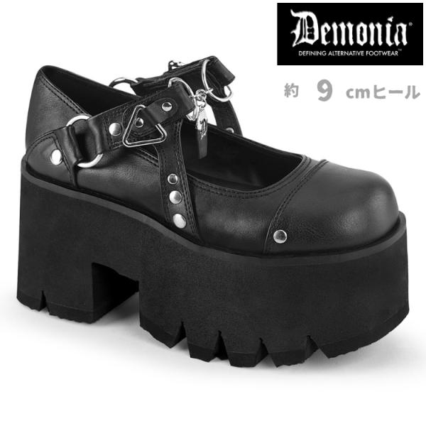 demonia デモニア パンプス 厚底 9 cm ヒール 黒 ブラック スタッズ ストラップ チャ...