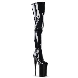 Pleaser プリーザー ニーハイブーツ サイハイブーツ 25.5 cm ヒール 厚底 ハイヒール ピンヒール エナメル 黒 ブラック ジッパー ストレッチ 大きいサイズ 取寄｜dimples