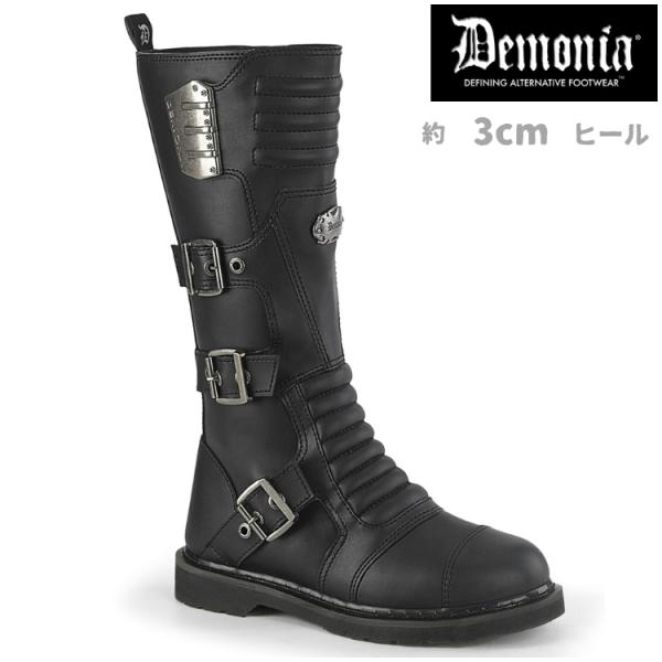 Demonia デモニア ロングブーツ 3cmヒール コンバットブーツ 黒 ブラック ベルト バック...
