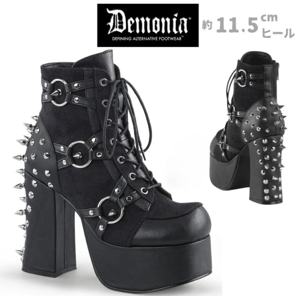 demonia デモニア ショートブーツ 厚底 11.5 cm ヒール 黒 ブラック 合皮 メタルリ...