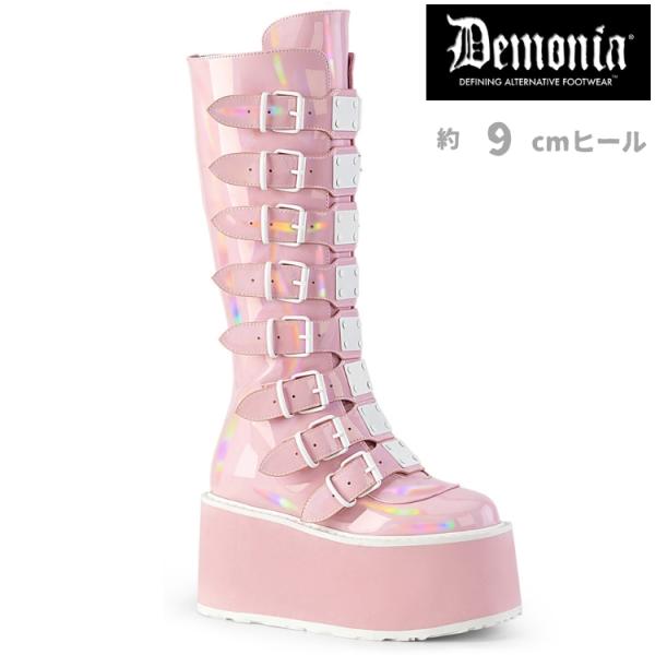 demonia デモニア 厚底 ブーツ ロングブーツ 9cm ヒール ピンク ホログラム メタルプレ...