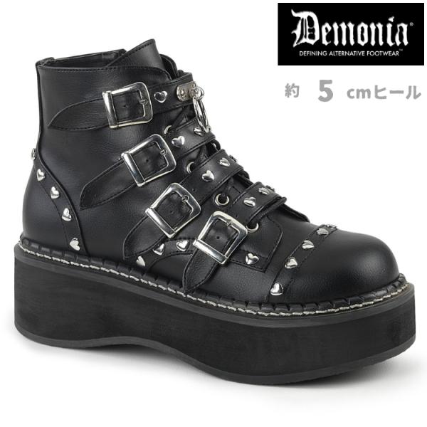 demonia デモニア 厚底 ブーツ ショートブーツ 5cm ヒール 黒 ビーガンレザー ベルト ...