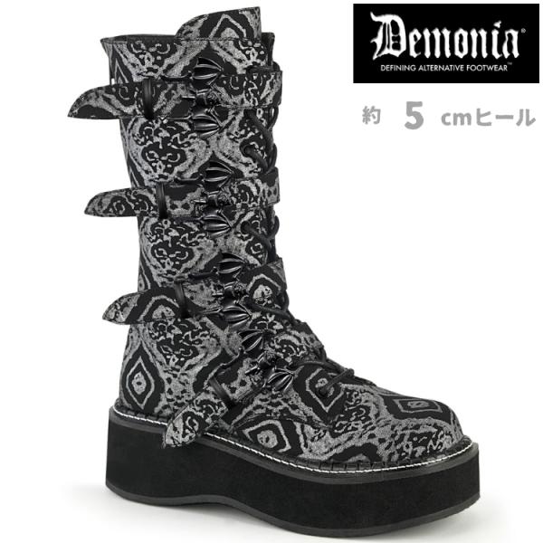 demonia デモニア ミドルブーツ 厚底 ラバーソール 5 cm ヒール 黒 ブラック 模様入り...