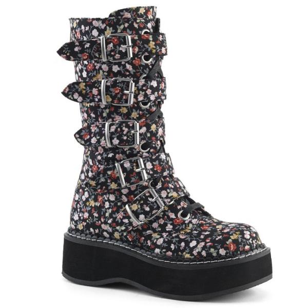 demonia デモニア ミドルブーツ 厚底 ラバーソール 5 cm ヒール 黒 ブラック 花柄 フ...