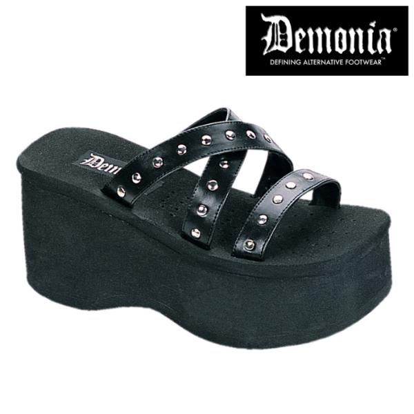 demonia デモニア サンダル 厚底 9 cm ヒール 黒 ブラック つや消し 合皮 丸スタッズ...