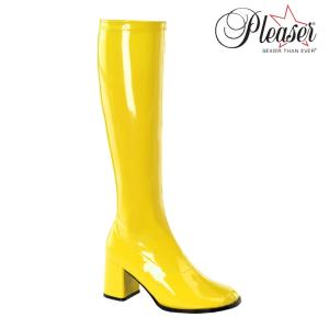 ロングブーツ レディース メンズ ローヒール ストレッチ 大きいサイズ 小さいサイズ Pleaser プリーザー 8cm ヒール 黄色 イエロー  エナメル ファスナー 取寄