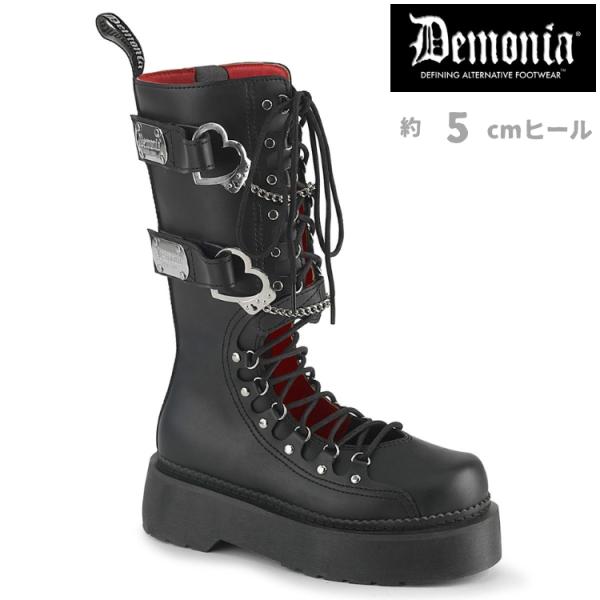 demonia デモニア 厚底 ロングブーツ コンバットブーツ 5cm ヒール 黒 ブラック ビーガ...