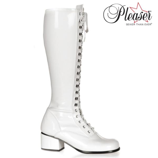 Pleaser プリーザー ロングブーツ 5cm ヒール 白 ホワイト エナメル レースアップ 編み...