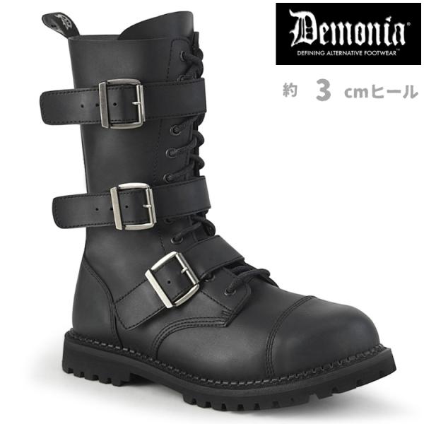 demonia デモニア ミドルブーツ ラバーソール 3 cm ヒール 黒 ブラック 合皮 ベルト ...