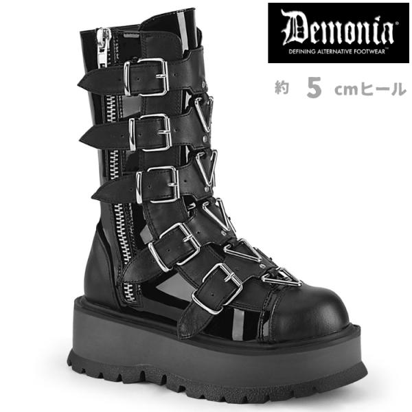 demonia デモニア ショートブーツ 厚底 ラバーソール 5 cm ヒール 黒 ブラック 合皮 ...
