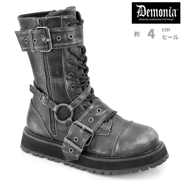 demonia デモニア ショートブーツ ミドルブーツ 4cm ヒール 黒 ブラック シルバー ラブ...