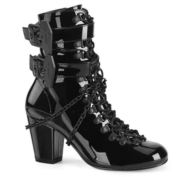 demonia デモニア ショートブーツ 7.5 cm ヒール 黒 ブラック エナメル チェーン バ...