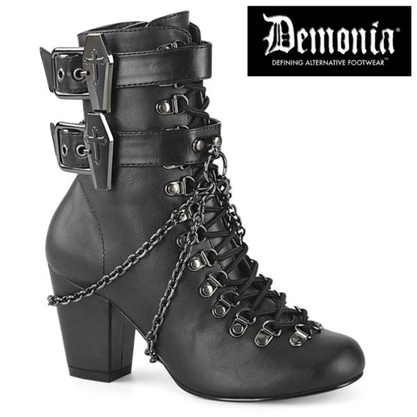 demonia デモニア ショートブーツ 7.5cmヒール 黒 合皮 チェーン バックル ストラップ...