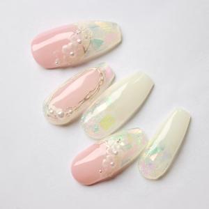 ジェルネイルチップ  付け爪  ショート ロング 乱ホロ埋め込み３D小花ブライダル 結婚式｜dinanail-shop