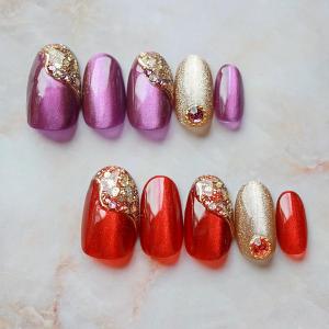 ジェルネイルチップ 付け爪 ショート ロング 和風 成人式 黒金ミラー