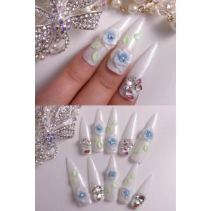 ネイルチップ 微粒ホワイトベースにグラデブルーフラワー サイズオーダー ハンドメイド デザインつけ爪 ロング Www Arilab Com Tr Index Php