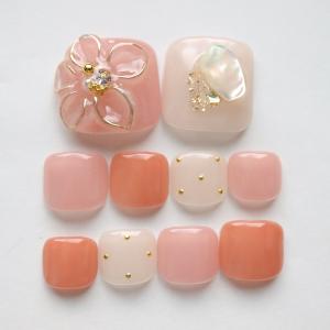 ジェルネイル フットネイルチップ グレージュベース花柄 足用 サイズ