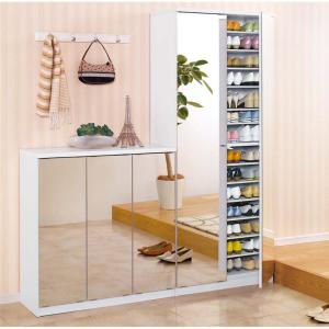 前面ミラー＆板戸シューズボックス ミドルタイプ・幅89.5 高さ93cm 下駄箱 玄関収納 シューズボックス 631518