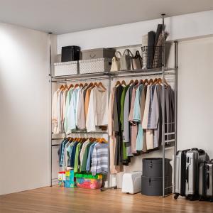 ワードローブ ウォークイン突っ張りハンガー 幅111cm-200cm・ロータイプ（高さ185cm-245cm）・カーテンなし