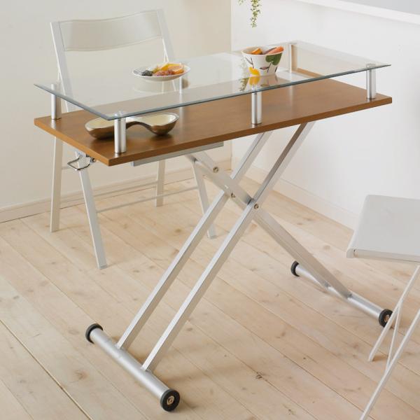 飛散防止フィルム貼りガラス 二重天板昇降式リフティングテーブル 幅102cm テーブル 昇降式 リフ...