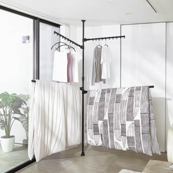 「どこでもポール」ワンタッチつっぱり物干し アーム 2本＋布団干し 2本（室内用）ブラック 洗濯用品...