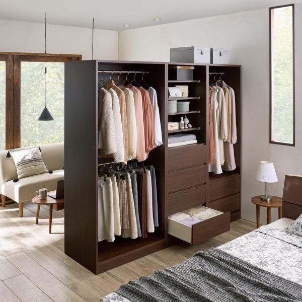 奥行スリムで省スペース オープン間仕切りワードローブ 棚＋引き出し4杯 幅60奥行54cm リビング...