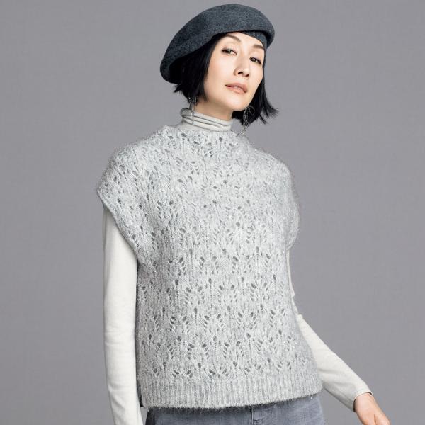 スパンコール入り キッドモヘヤ 透かし編み ジレ ジャケット ベスト ジレ 108501