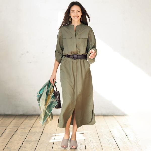 リネンレーヨン サファリ風 ワンピース ワンピース マキシワンピース ロングワンピース 167203