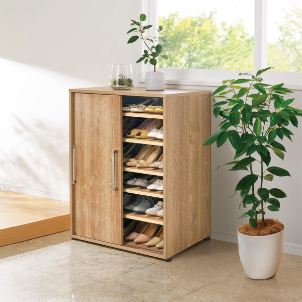天然木調引き戸シューズボックス ロー（高さ92cm） 幅77cm奥行40cm 下駄箱 玄関収納 シュ...