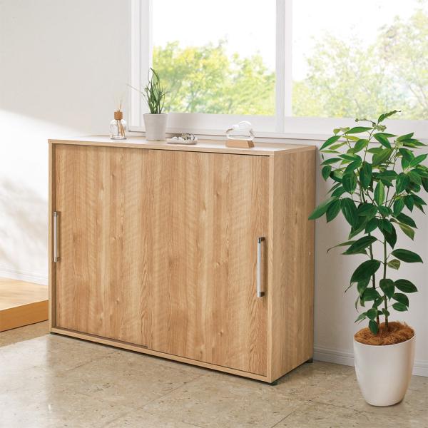 天然木調引き戸シューズボックス ロー（高さ92cm） 幅114cm奥行40cm 下駄箱 玄関収納 シ...